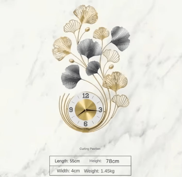 Ginkgo Biloba Metal Wall Clock – Large Silent Decorative Art for Living Room & Modern Home