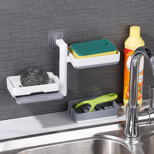 Rotatable Soap Holder Self Adhesive Kitchen Sink Organizer with Drainage Rack